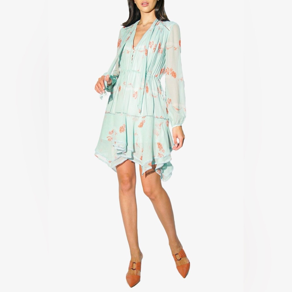 Jonathan Simkhai Womens Seafoam Floral Irena Rose Silk Dress Tiered Ruffle